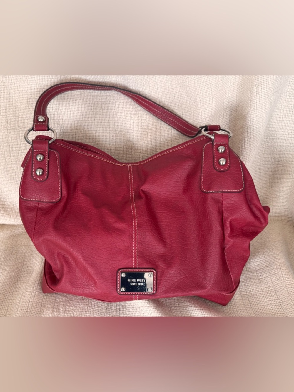 Nine West Crimson Red Shoulder Bag with Silver Plaque